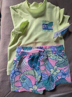 Carter's Neon Yellow Rash Guard with Pink Tropical Swim Trunks